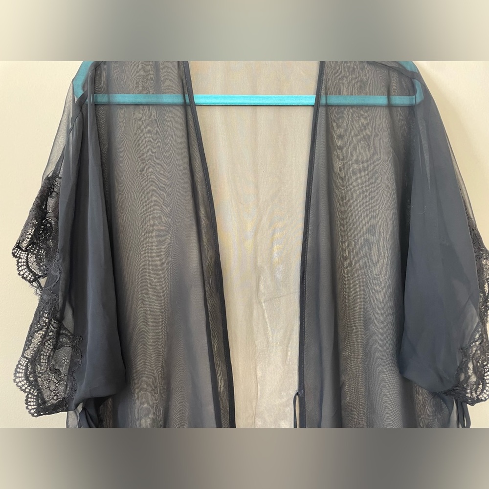 Vintage Black Silk Chiffon & Lace Lingerie Robe Size Small - Picture 11 of 15